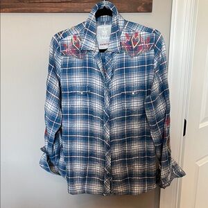 Johnny Was Blue Plaid Button Down Shirt